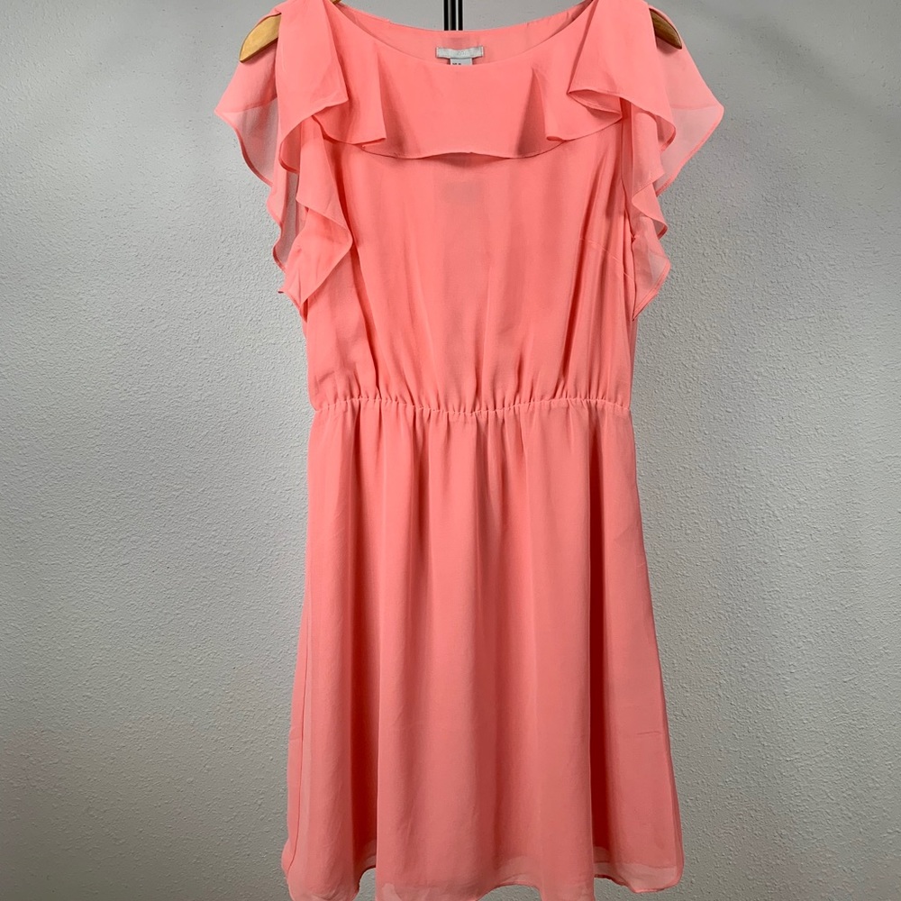 NWT H&M Ruffle-Sleeve Chiffon Mini Dress in Coral Pink - Picture 4 of 10